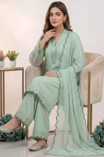 Green chanderi embroidered kurta sets