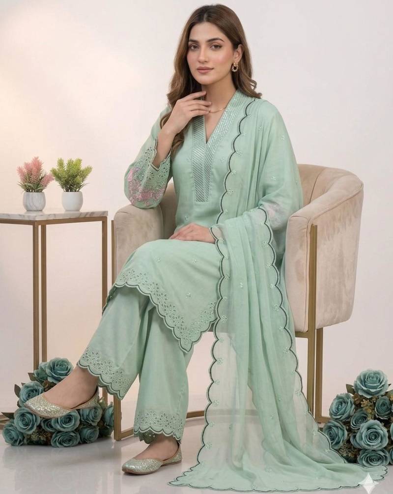 Green chanderi embroidered kurta sets