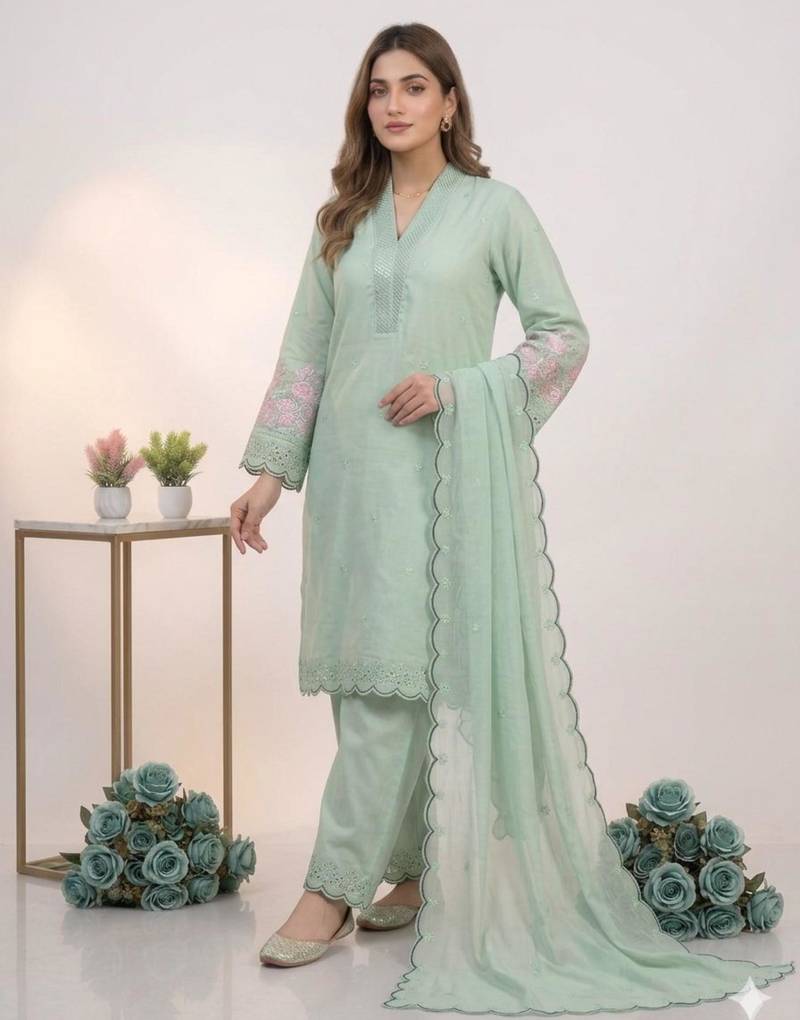 Green chanderi embroidered kurta sets