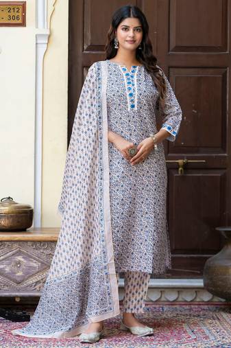 Floral printed pure cotton round neck kurta trouser and dupatta set