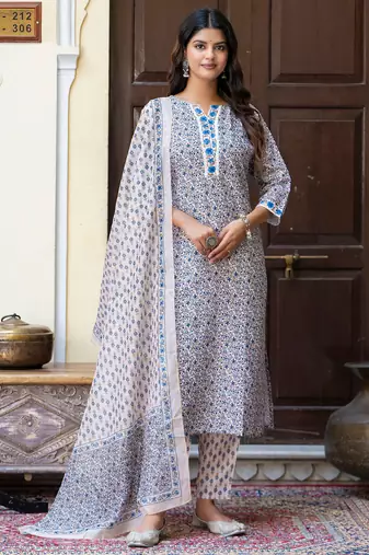 Floral printed pure cotton round neck kurta trouser and dupatta set