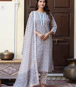 Floral printed pure cotton round neck kurta trouser and dupatta set
