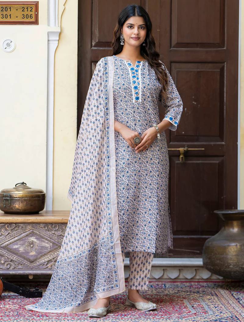 Floral printed pure cotton round neck kurta trouser and dupatta set