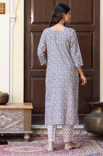 Floral printed  cotton round neck kurta trouser and dupatta set