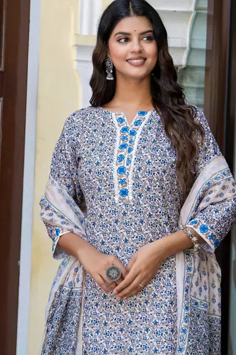 Floral printed  cotton round neck kurta trouser and dupatta set