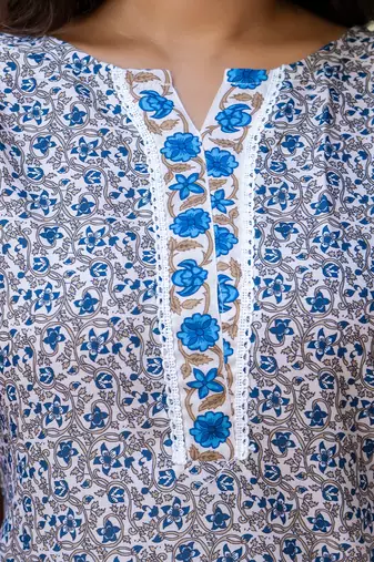 Floral printed  cotton round neck kurta trouser and dupatta set