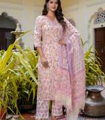 Floral printed pure cotton v neck kurta trouser and dupatta set