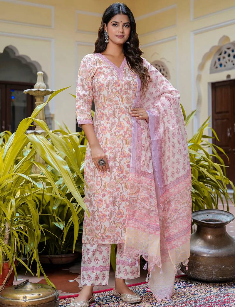 Floral printed pure cotton v neck kurta trouser and dupatta set