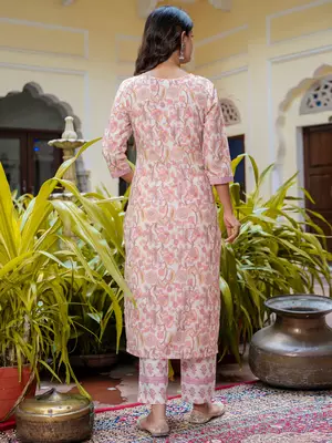 Floral printed  cotton v neck kurta trouser and dupatta set 2