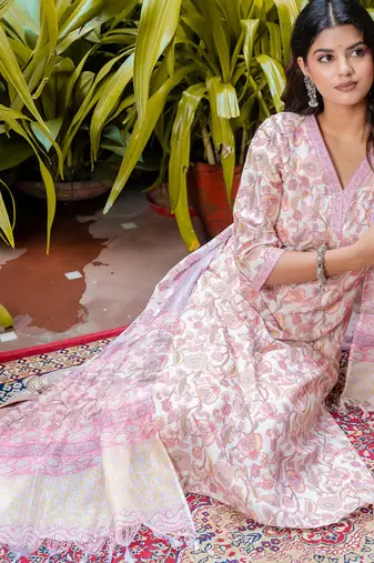 Floral printed  cotton v neck kurta trouser and dupatta set