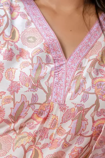 Floral printed  cotton v neck kurta trouser and dupatta set