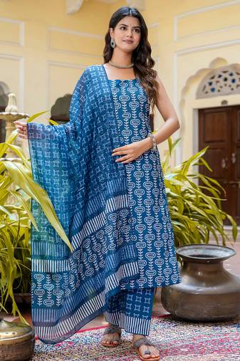 Floral printed pure cotton round neck kurta trouser and dupatta set