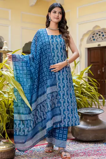 Floral printed pure cotton round neck kurta trouser and dupatta set