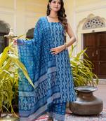 Floral printed  cotton round neck kurta trouser and dupatta set