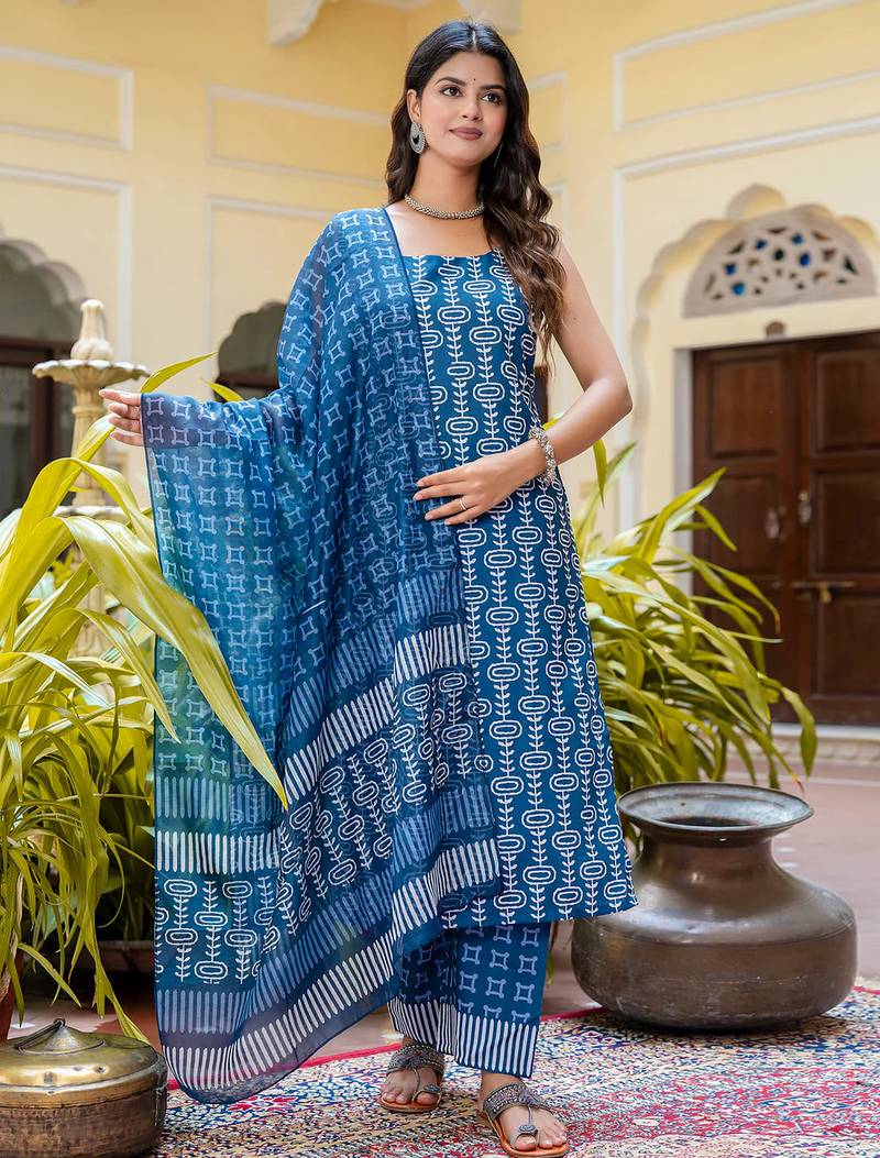 Floral printed pure cotton round neck kurta trouser and dupatta set