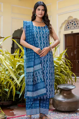 Floral printed  cotton round neck kurta trouser and dupatta set