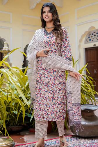 Floral printed pure cotton v neck kurta trouser and dupatta set