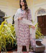 Floral printed pure cotton v neck kurta trouser and dupatta set