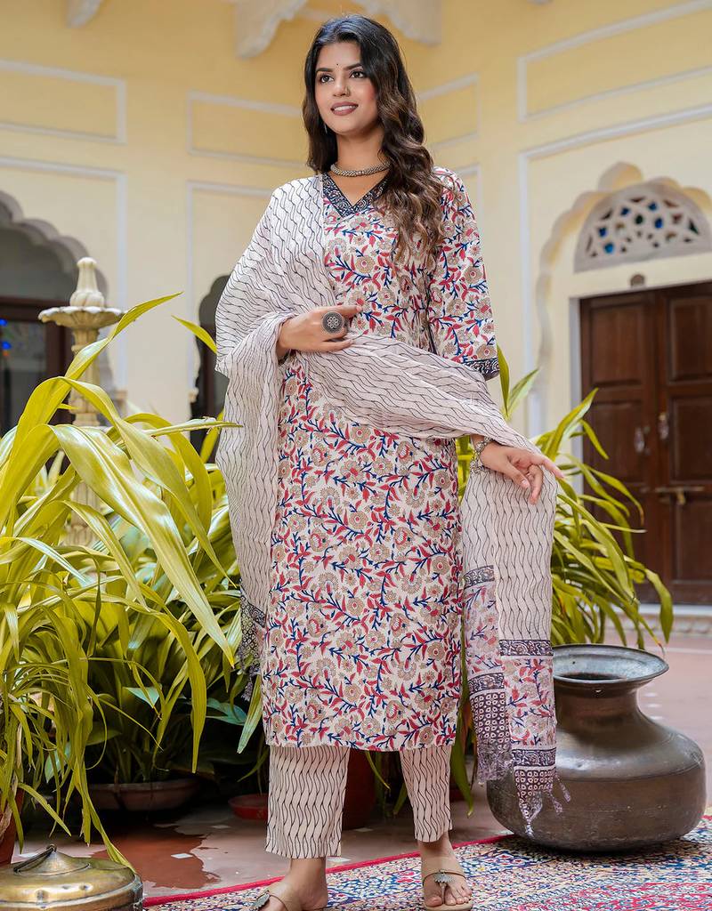 Floral printed pure cotton v neck kurta trouser and dupatta set
