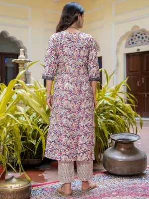 Floral printed  cotton v neck kurta trouser and dupatta set 2