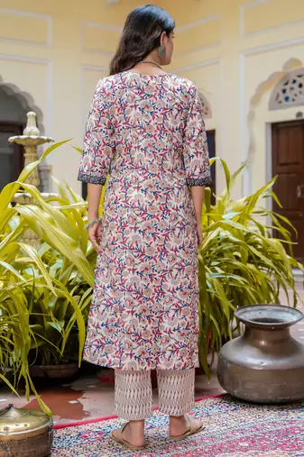 Floral printed  cotton v neck kurta trouser and dupatta set