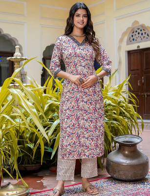 Floral printed  cotton v neck kurta trouser and dupatta set 3
