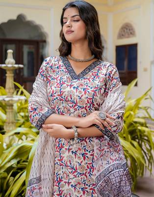Floral printed  cotton v neck kurta trouser and dupatta set 4