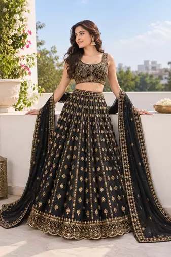 Royal Black Opulence Crepe Silk Lehenga with Fine Dori & Zari Embroidery