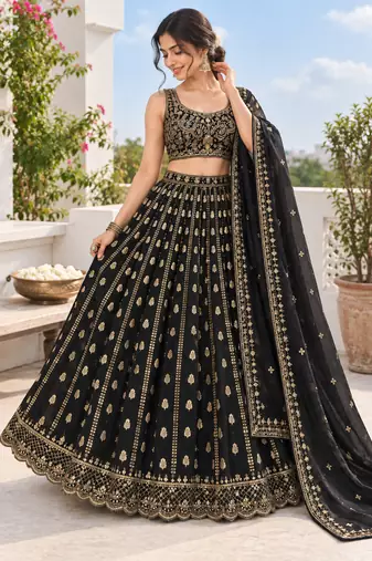 Royal Black Opulence Crepe Silk Lehenga with Fine Dori & Zari Embroidery