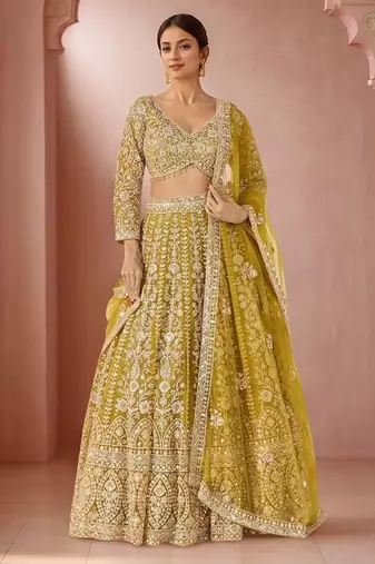 Mehendi Yellow Glow Butterfly Net Lehenga Choli with Heavy Sequins, Dori & Embroidery Work (3.5 Mtr Flair)
