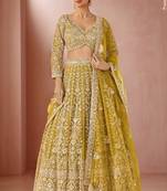 Mehendi Yellow Glow Butterfly Net Lehenga Choli with Heavy Sequins, Dori & Embroidery Work (3.5 Mtr Flair)
