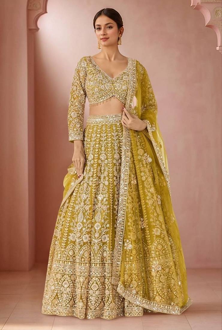 Mehendi Yellow Glow Butterfly Net Lehenga Choli with Heavy Sequins, Dori & Embroidery Work (3.5 Mtr Flair)