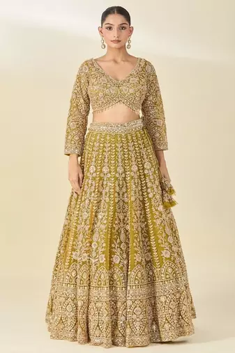 Mehendi Yellow Glow Butterfly Net Lehenga Choli with Heavy Sequins, Dori & Embroidery Work (3.5 Mtr Flair)