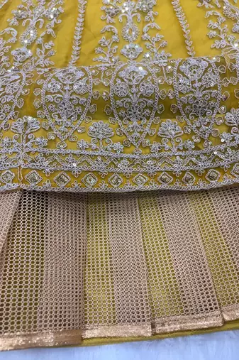 Mehendi Yellow Glow Butterfly Net Lehenga Choli with Heavy Sequins, Dori & Embroidery Work (3.5 Mtr Flair)