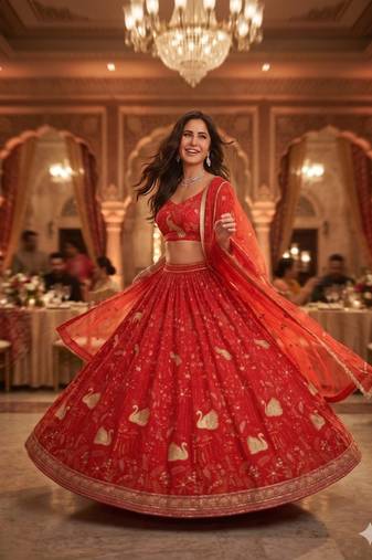 Royal Scarlet Faux Georgette Lehenga Choli with Peacock Motif, Zari & Heavy Sequin Embroidery