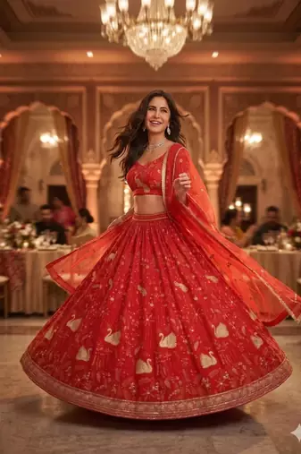 Royal Scarlet Faux Georgette Lehenga Choli with Peacock Motif, Zari & Heavy Sequin Embroidery