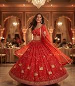 Royal Scarlet Faux Georgette Lehenga Choli with Peacock Motif, Zari & Heavy Sequin Embroidery