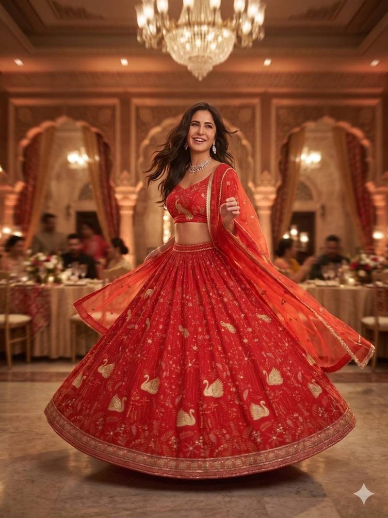 Royal Scarlet Faux Georgette Lehenga Choli with Peacock Motif, Zari & Heavy Sequin Embroidery