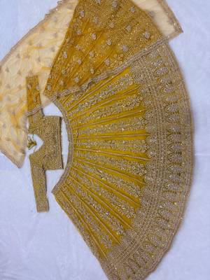 Mehendi Yellow Glow Butterfly Net Lehenga Choli with Heavy Sequins, Dori & Embroidery Work (3.5 Mtr Flair) 4