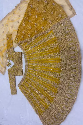Mehendi Yellow Glow Butterfly Net Lehenga Choli with Heavy Sequins, Dori & Embroidery Work (3.5 Mtr Flair)