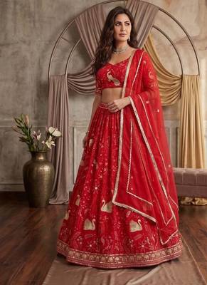 Royal Scarlet Faux Georgette Lehenga Choli with Peacock Motif, Zari & Heavy Sequin Embroidery 2