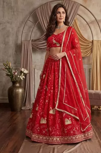 Royal Scarlet Faux Georgette Lehenga Choli with Peacock Motif, Zari & Heavy Sequin Embroidery