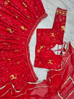 Royal Scarlet Faux Georgette Lehenga Choli with Peacock Motif, Zari & Heavy Sequin Embroidery 4