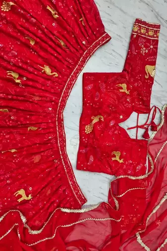 Royal Scarlet Faux Georgette Lehenga Choli with Peacock Motif, Zari & Heavy Sequin Embroidery