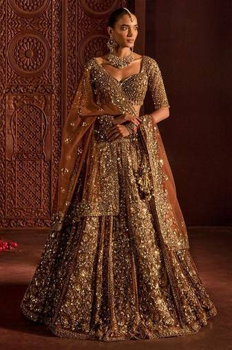 Golden Ember Butterfly Net Lehenga Choli with Heavy Glass Sequins, Dori & Embroidery Work (3.5 Mtr Flair)