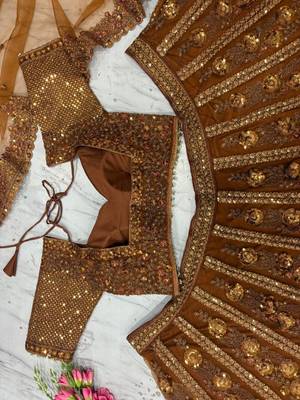 Golden Ember Butterfly Net Lehenga Choli with Heavy Glass Sequins, Dori & Embroidery Work (3.5 Mtr Flair) 3