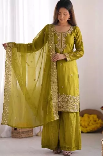 stylish embroidery beads work kurta set