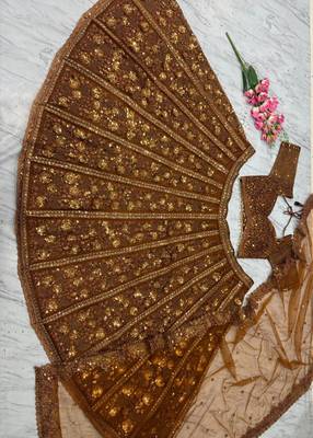 Golden Ember Butterfly Net Lehenga Choli with Heavy Glass Sequins, Dori & Embroidery Work (3.5 Mtr Flair) 5