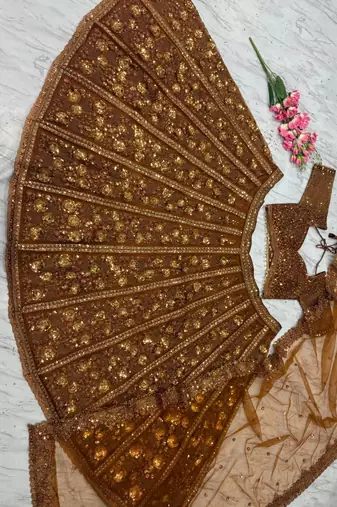 Golden Ember Butterfly Net Lehenga Choli with Heavy Glass Sequins, Dori & Embroidery Work (3.5 Mtr Flair)