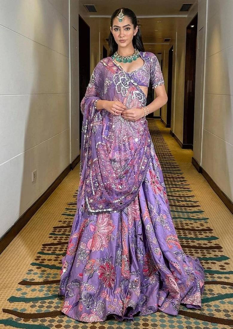Lavender Bloom Taby Silk Lehenga Choli with Floral Print, Real Mirror, Sequins & Embroidery Work